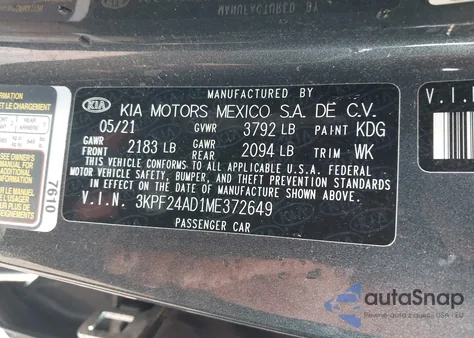 2021 Kia Forte Fe/Lxs from USA, damaged, VIN 3KPF24AD1ME372649